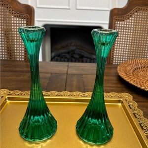 Pair of vintage emerald green ribbed glass candlesticks